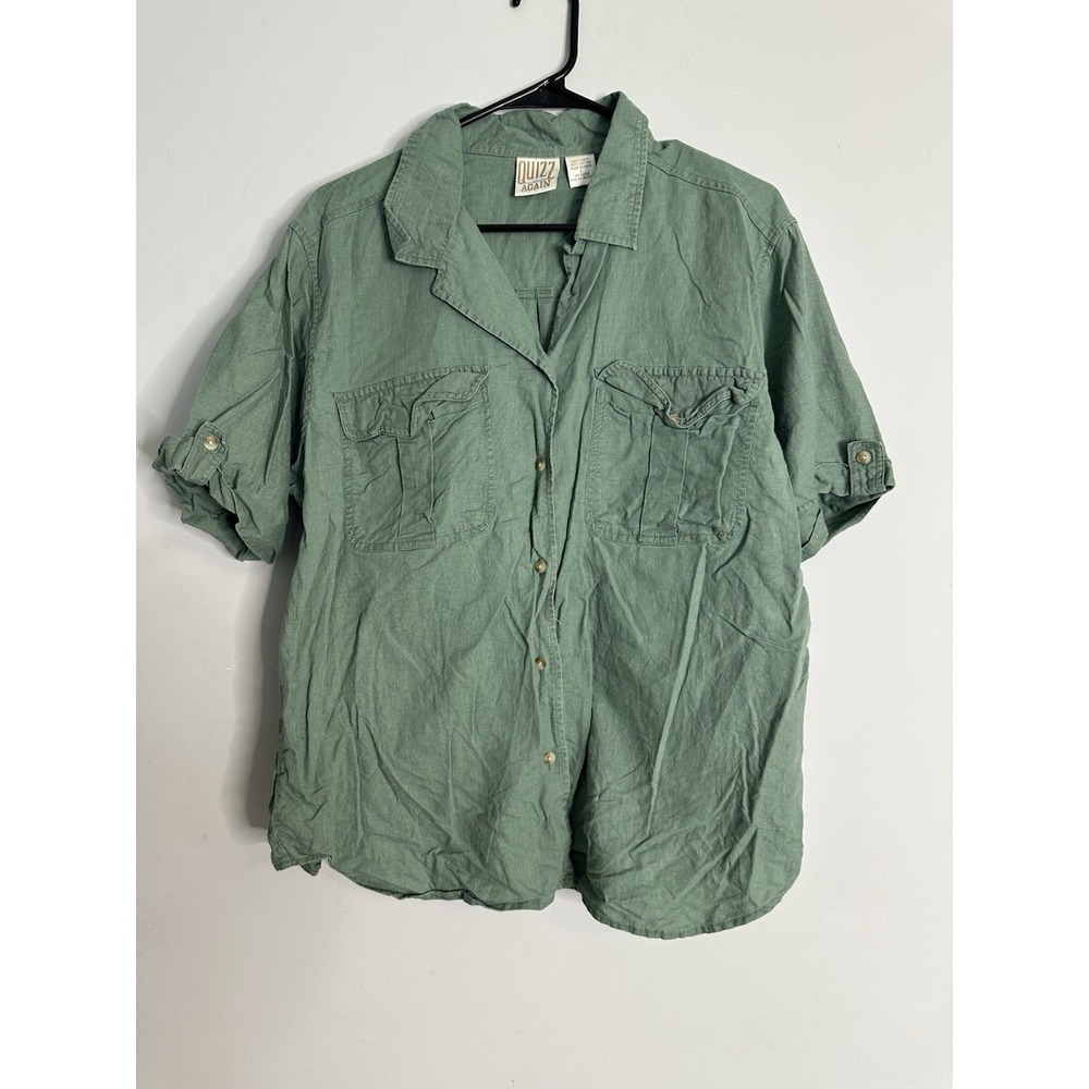 Quizz Again New York Green Linen Cotton Short Sleeve Button Up Shirt Mens L